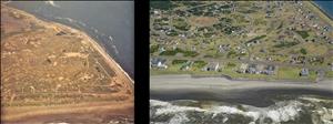 Two aerial images side by side showing the same peninsula from different decades. The one from the 70s shows few houses and the one from 2016 shows many houses and beachfront hotels and condos. 